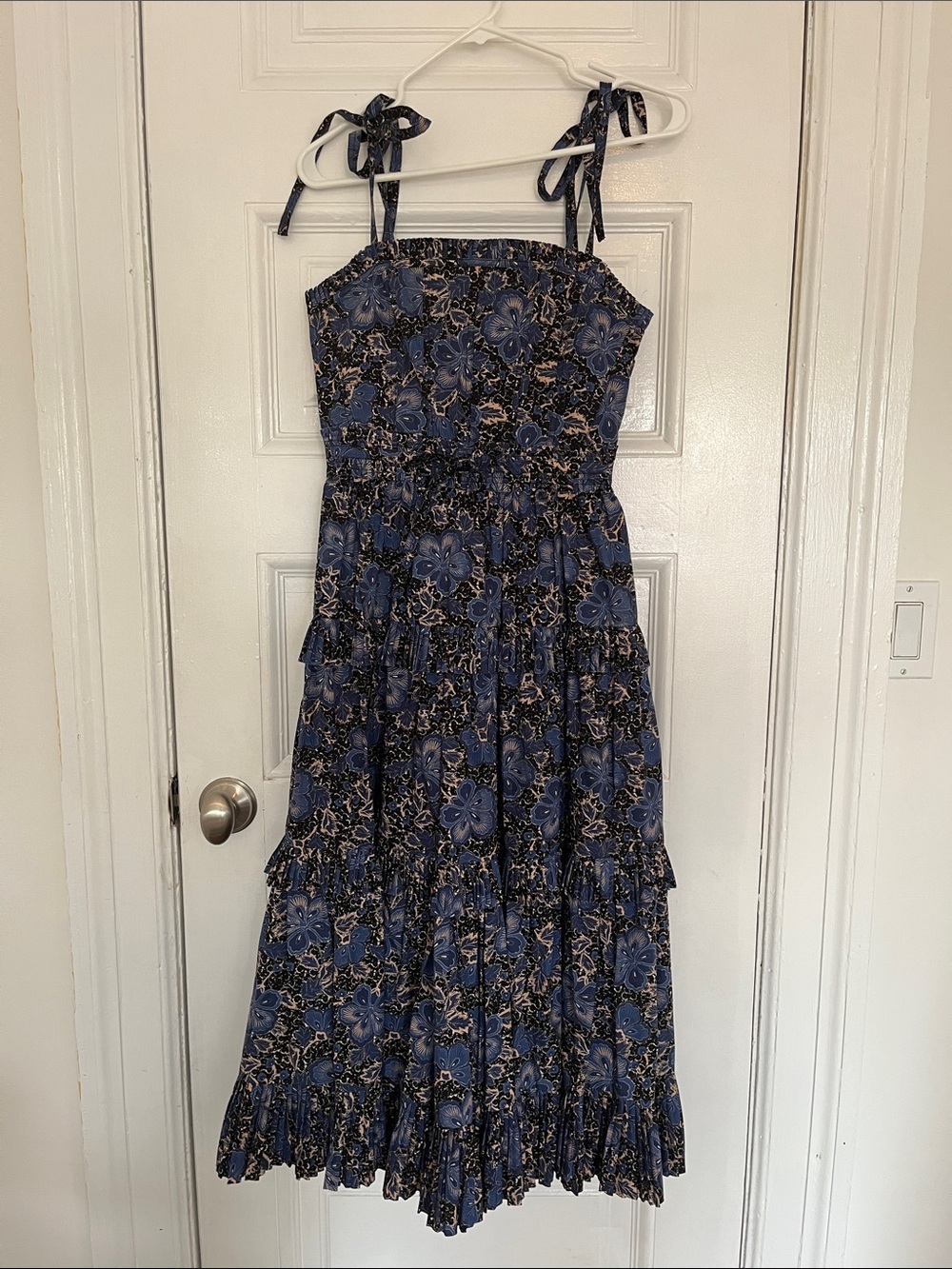 Ulla Johnson Lune Blue Floral Tie-Shoulder Maxi Dress